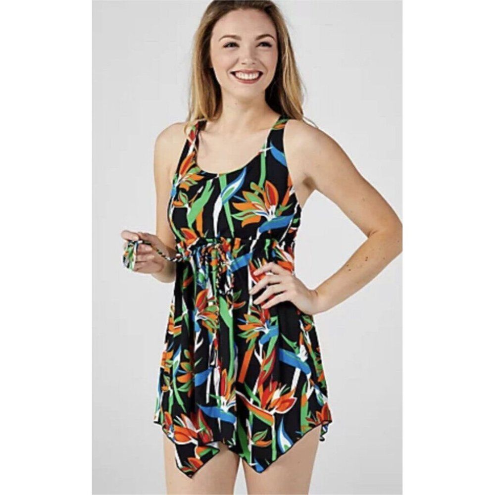 Denim & Co. Beach Handkerchief Hem Scoop-Neck Swim Dress sz 12 floral colorful
